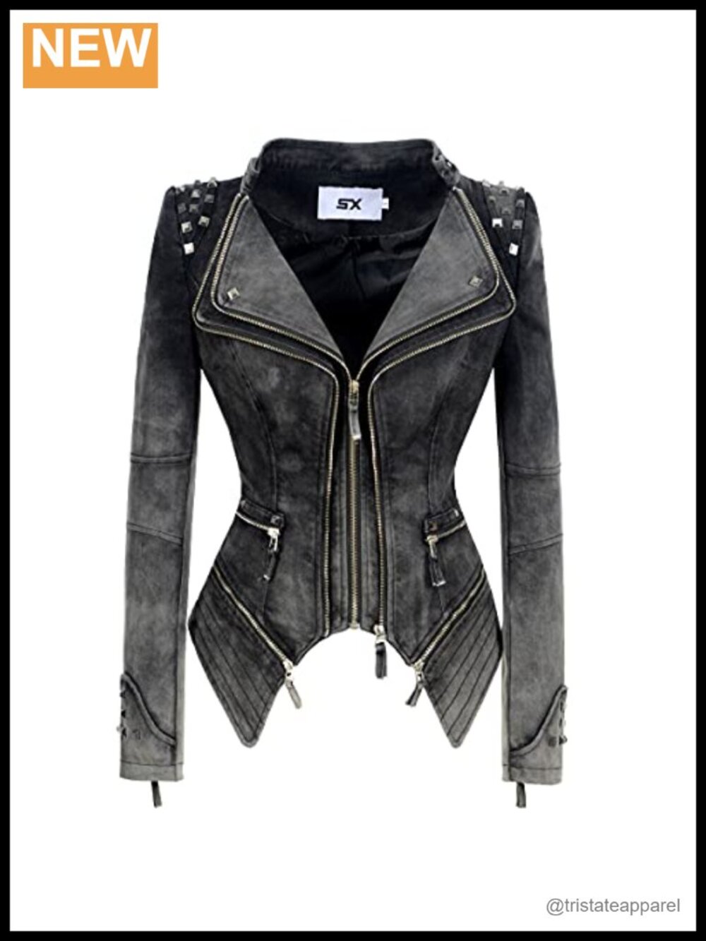 Classic Denim Jacket with Rivets, Double Zipper, Dovetail Punk Motorcycle
